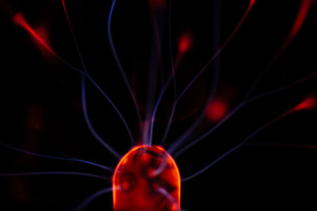 Close-up of a red electric light on a black background.の写真素材
