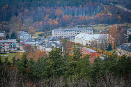 Aerial view of a small town at autumn in the mountains.の写真素材