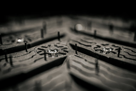 Close up of a chess board. Black and white photo. Selective focus.の写真素材