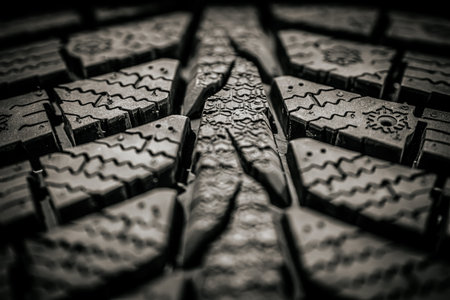 Close up of car tire pattern. Selective focus. Toned.の写真素材