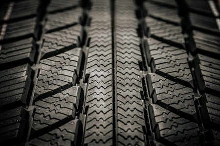 Car tire texture. Black and white photo. Selective focus.の写真素材