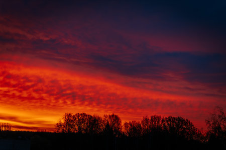 Beautiful sunset in the countryside. Dramatic sky with red clouds.の写真素材