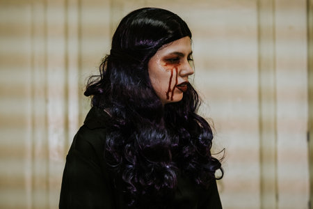 Creepy girl with blood on her face. Halloween theme.のeditorial素材