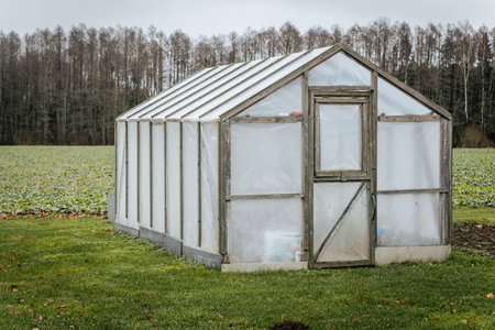 Greenhouse in the countryside. The greenhouse is covered with plastic film.の写真素材