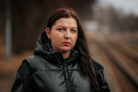Portrait of a young woman in a black jacket on the railroad.の写真素材
