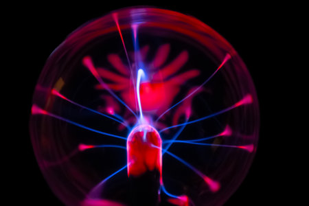 Close-up of a crystal ball with a blue and red light