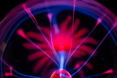 Close up of a fractal computer generated image with colorful lights.