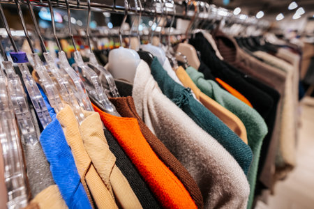 clothes on hangers in the store. Sale and shopping conceptの写真素材