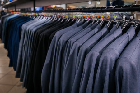 Men's clothing on hangers in the store. Shirts on hangers in the store.の写真素材