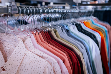 Men's shirts on hangers in a fashion store. Shallow depth of fieldの写真素材