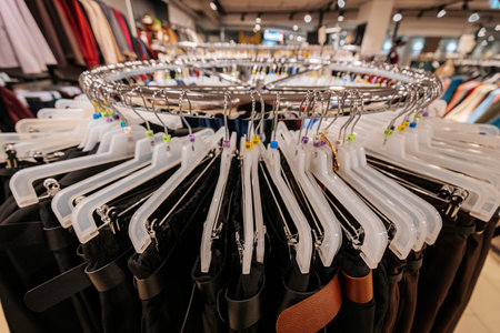 Clothes on hangers in the store. Fashionable clothes.
