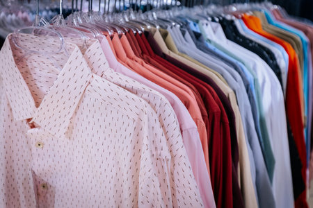 Clothes on hangers in a fashion store. Shallow depth of field.の写真素材