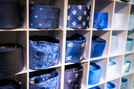 Close up of blue necktie on white shelf.の写真素材