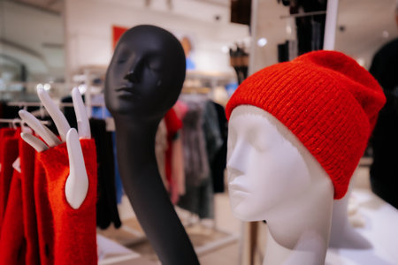 Mannequins with red hats in a fashion store, close upの写真素材