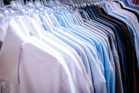 Men's shirts on hangers in a store. Shallow depth of field