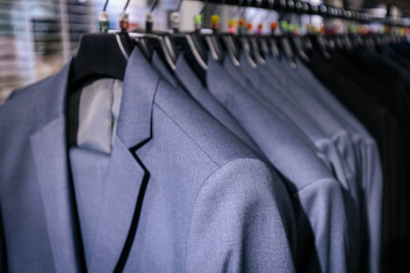 Men's suits on hangers in the store. Blurred backgroundの写真素材