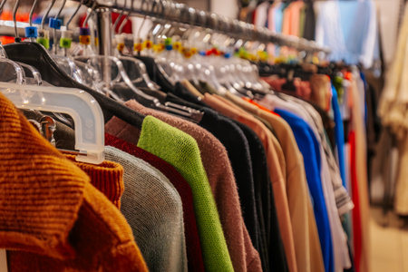 clothes on hangers in a fashion store or shop, close upの写真素材