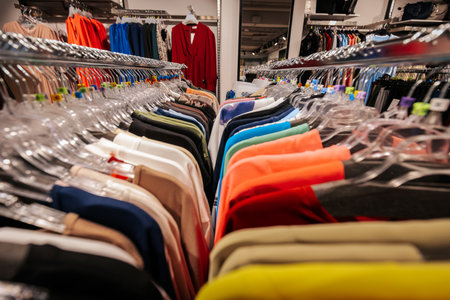 Clothes on hangers in a modern fashion store. Shallow depth of fieldの写真素材