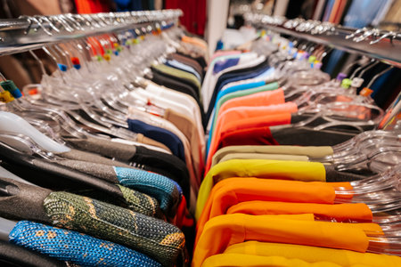 Clothes on a hanger in a store, close-upの写真素材