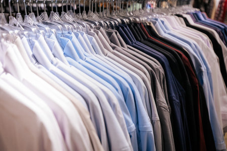 Men's shirts on hangers in a shop, close-upの写真素材