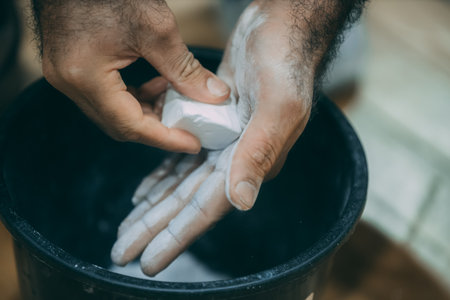 Close up of a man cleaning his hands with a rag in a bucketのeditorial素材