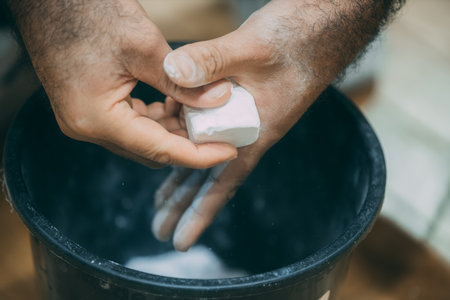 Closeup of a man's hands cleaning a bucket with soap.のeditorial素材