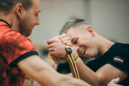 Two men in sportswear are measuring their hands before training.のeditorial素材