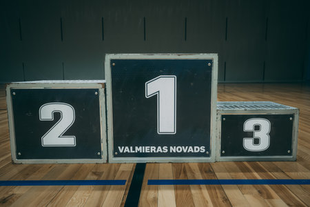 3D rendering of an empty basketball court with number one and twoのeditorial素材