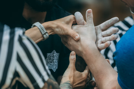 Close-up of hands of a group of people holding hands togetherのeditorial素材