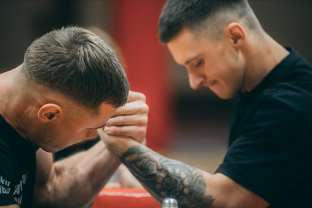 Tattooed male boxer training with his personal trainer in a gymのeditorial素材
