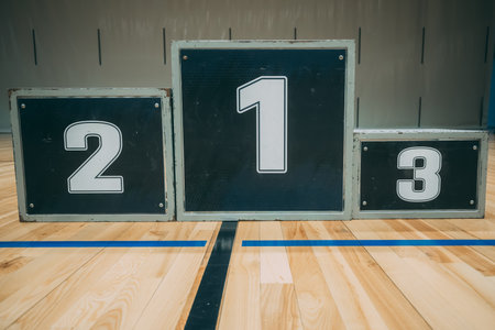 Number two and three on blackboard in sports hall, stock photoのeditorial素材