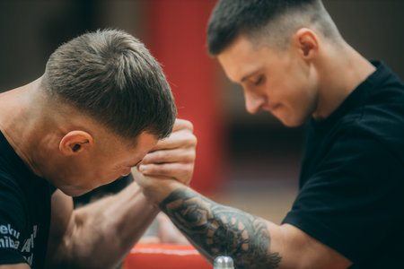 Tattooed male boxer training with his trainer in a gymのeditorial素材