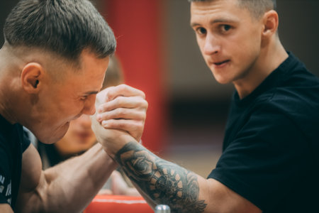 Mixed martial arts training. Two young men boxing in gym.のeditorial素材
