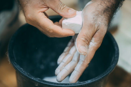 Man washes his hands with soap in a bucket. Hygiene concept.のeditorial素材