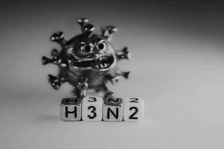 Exaggerated virus model stands behind blocks spelling H3N2, illustrating the concept of infectious diseases and their impact on public health and safetyの写真素材