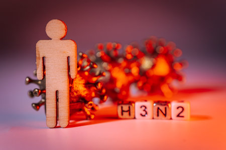 A wooden figure symbolizes a person, positioned before artistic virus representations and letter blocks indicating H3N2, conveying themes of health and awareness in a visually engaging wayの写真素材