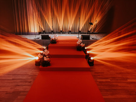 red carpet and red carpet in the hall, 3d rendering.の写真素材