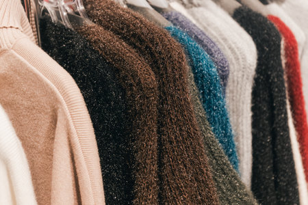 Display of knitted sweaters in a retail setting, featuring diverse colors and textures, creating an inviting atmosphere for shoppers seeking stylish winter wearの写真素材