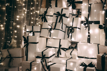 White gift boxes adorned with black ribbons are arranged against a backdrop of warm fairy lights, enhancing the festive ambiance for holiday gatherings and celebrationsの写真素材