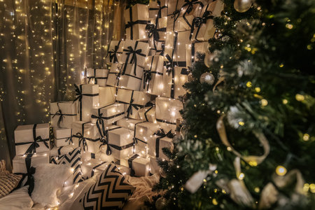 Cozy holiday scene featuring a pile of white gift boxes with black ribbons, twinkling lights, and a...