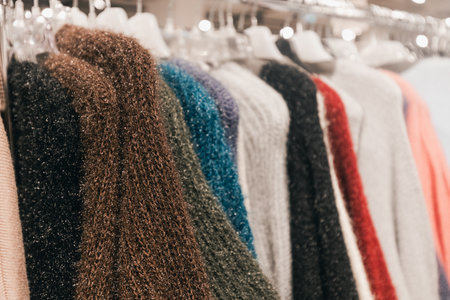 A vibrant collection of knitted sweaters displayed in a retail setting, highlighting diverse...