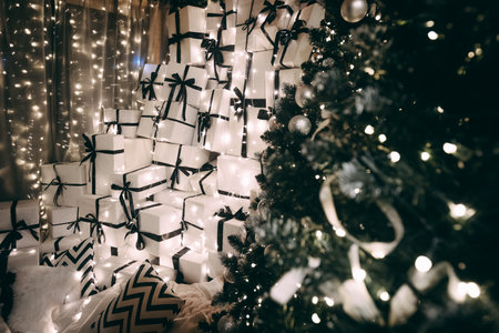 Cozy holiday setting with a Christmas tree and stacked white gift boxes, illuminated by soft lights,...