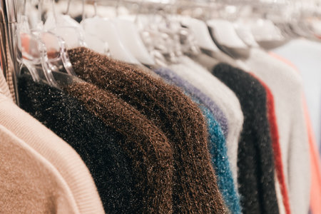 Sweaters in assorted colors and textures hang neatly on display in a retail environment, creating an...