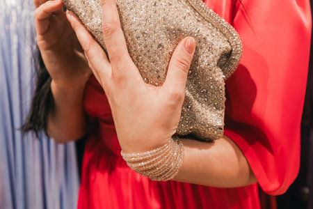 Stylish woman in red dress embraces a shimmering clutch bag, highlighting fashion elegance and accessory choice for special events, with soft lighting enhancing the sceneの写真素材