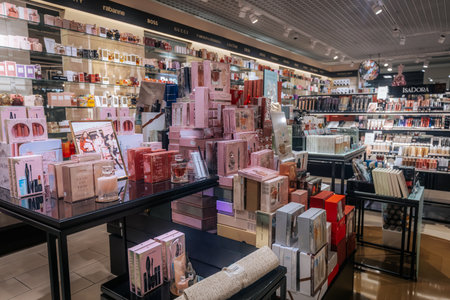 Valmier, Latvia - November 24, 2025: Vibrant arrangement of beauty products in cosmetics store, featuring various brands and colorful gift sets, enhancing the shopping experienceのeditorial素材