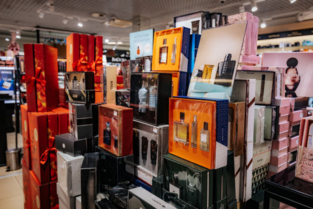Valmier, Latvia - November 24, 2025: Vibrant arrangement of luxury perfume gift sets in retail store, highlighting elegant packaging and festive atmosphereのeditorial素材