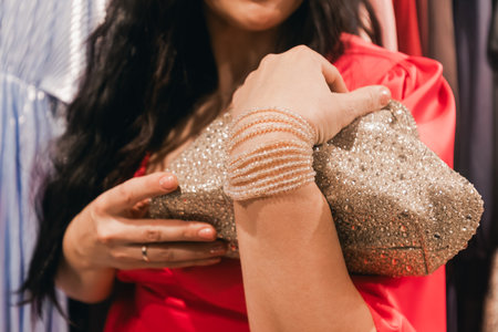 Fashionable woman in red dress is holding a glittering clutch purse in a boutique, surrounded by colorful clothing racks, highlighting modern style and eleganceの写真素材