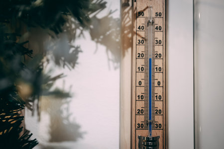 Wooden thermometer shows temperature in degrees Celsius, surrounded by greenery, creating a warm and...