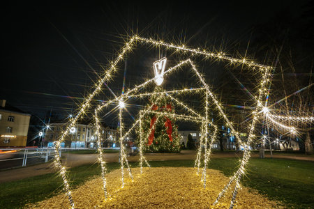 Colorful holiday lights frame a beautifully decorated Christmas tree in a park, creating a magical atmosphere during the festive season with glowing decorationsのeditorial素材