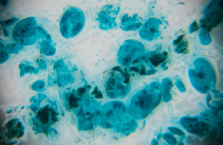 Microscopic image shows blue and green cells of various shapes and sizes on a light background, highlighting cellular structures and textures.の写真素材